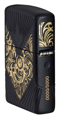 Angled shot of ˫ 2024 Collectible of the Year Windproof Lighter showing the back and hinge side of the lighter.